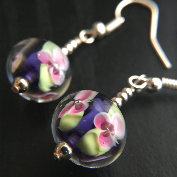 Blown Glass Earrings Pink Floral Purple Silver - Picture 6 of 6