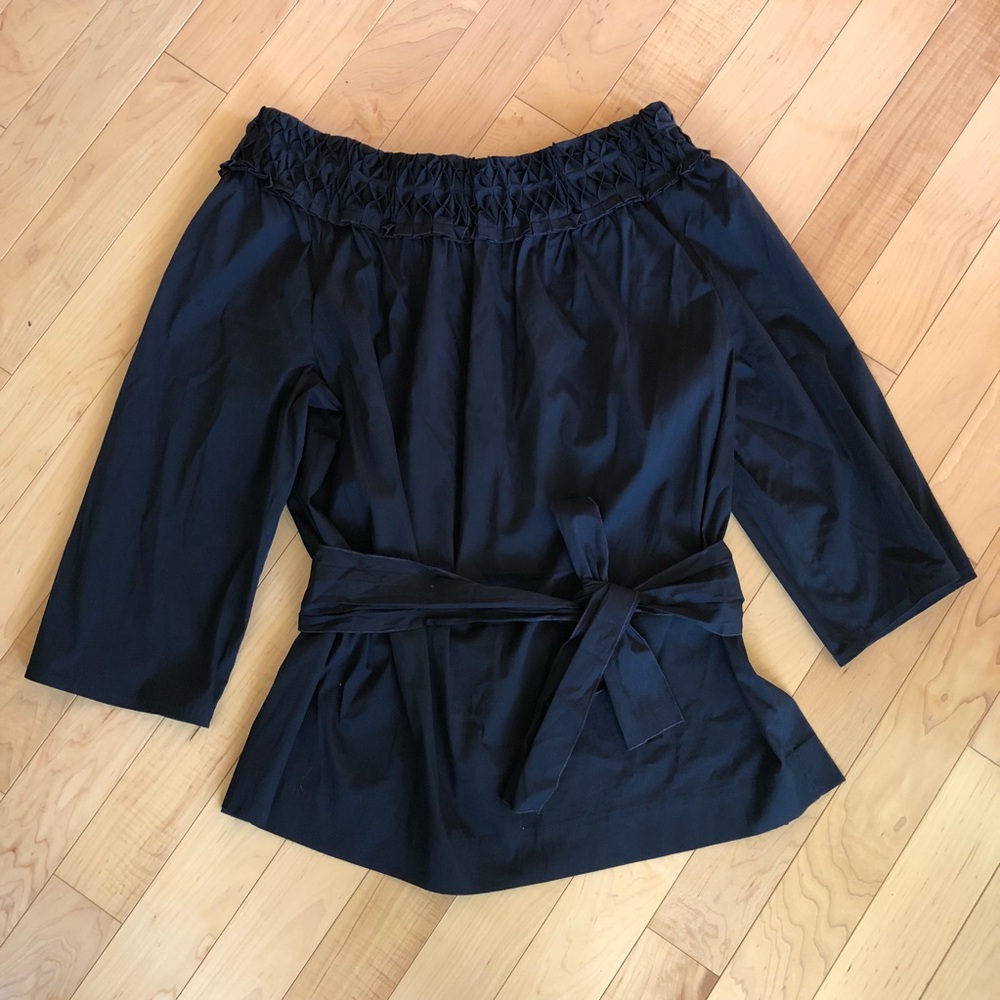 Navy Blue off the Shoulder Escada Belted Blouse