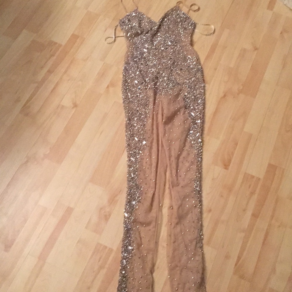 Carli Bybel Nude Embellished Jumpsuit