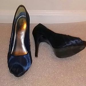 Kelly & Katie Navy Blue Open Toe Satin Shoes