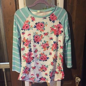 Floral and Stripes Three Quarter Sleeve T-shirt