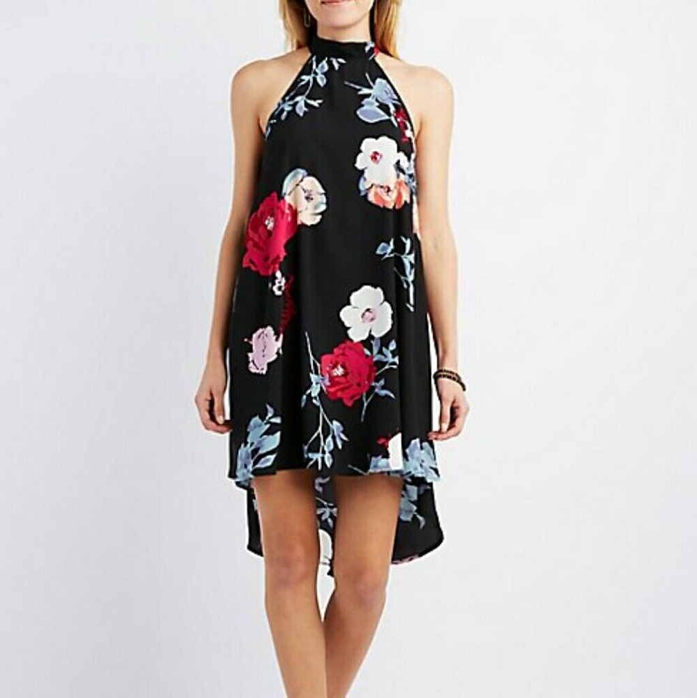 Black Floral High Neck High Low Dress Size Medium