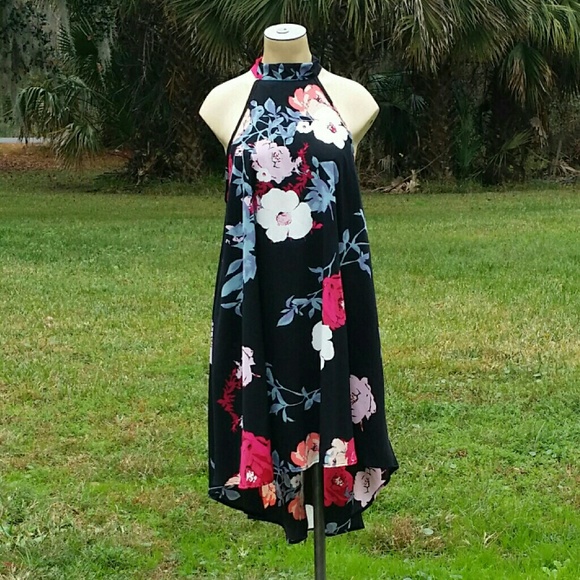 Black Floral High Neck High Low Dress Size Medium - Picture 2 of 6