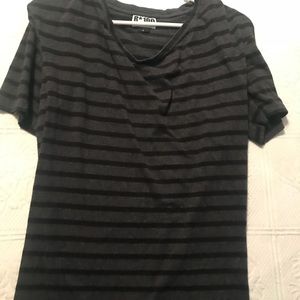 Gray and black striped slouch neck tee