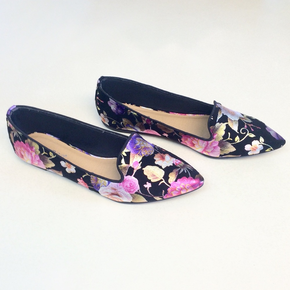 Last Pair Left! Floral Shiny Loafers Pointed Toe - Picture 3 of 3