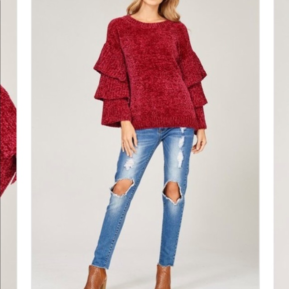 Chenille Pullover Knit Sweater-WINE - Picture 4 of 6