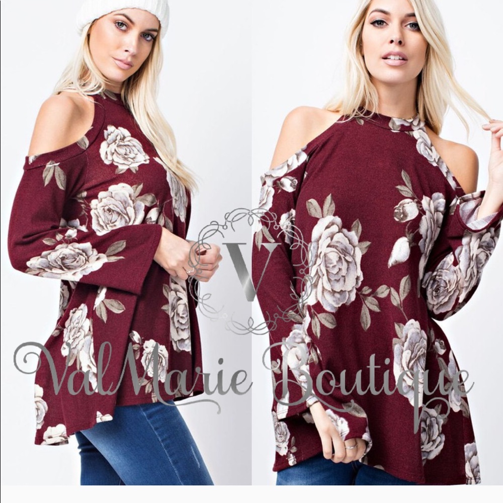 Red wine burgundy Floral cold shoulder top - Picture 2 of 3