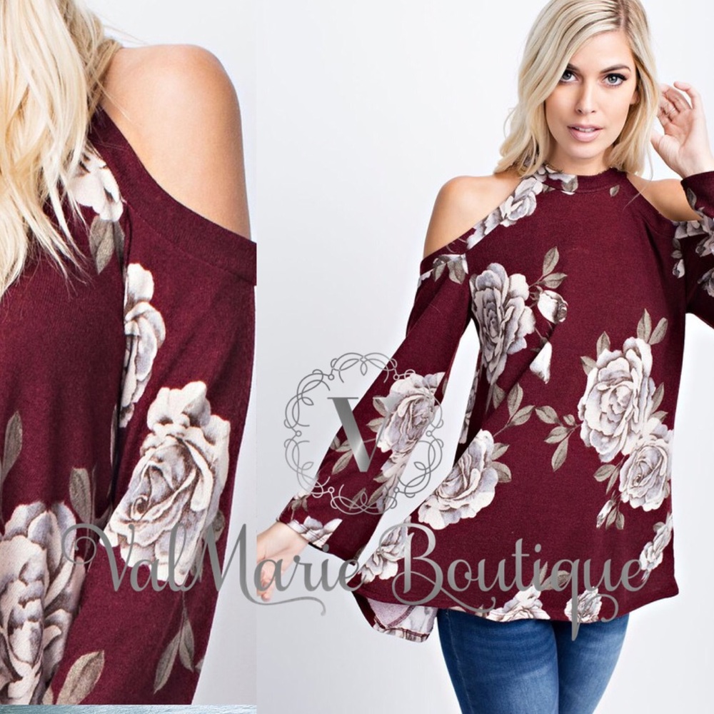Red wine burgundy Floral cold shoulder top - Picture 3 of 3