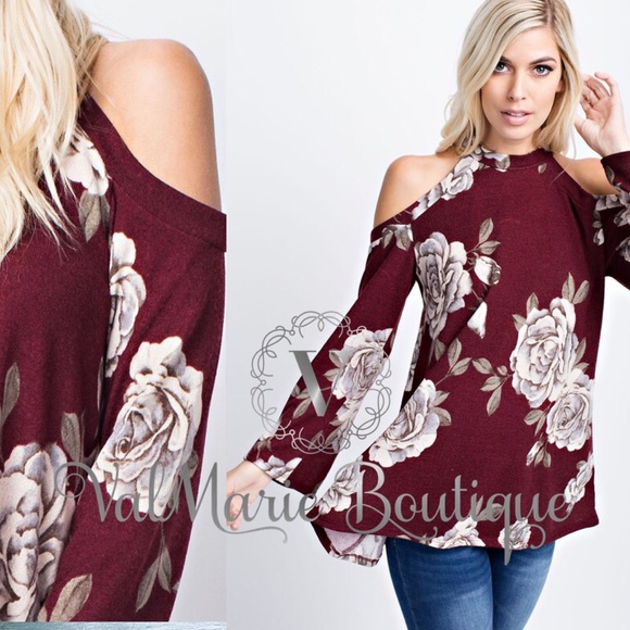 Red wine burgundy Floral cold shoulder top - Picture 3 of 3