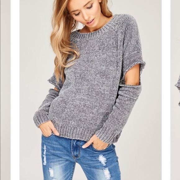 LAST ONE/SMALL Cold Elbows Chenille Sweater- GREY - Picture 7 of 8