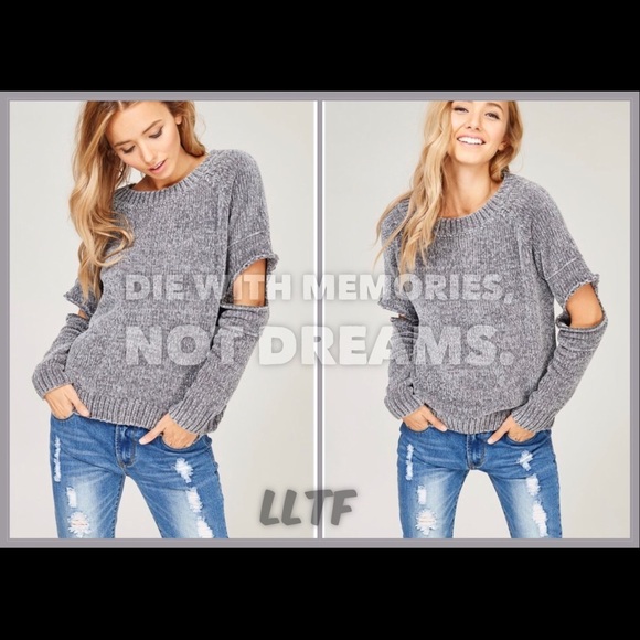 LAST ONE/SMALL Cold Elbows Chenille Sweater- GREY - Picture 5 of 8