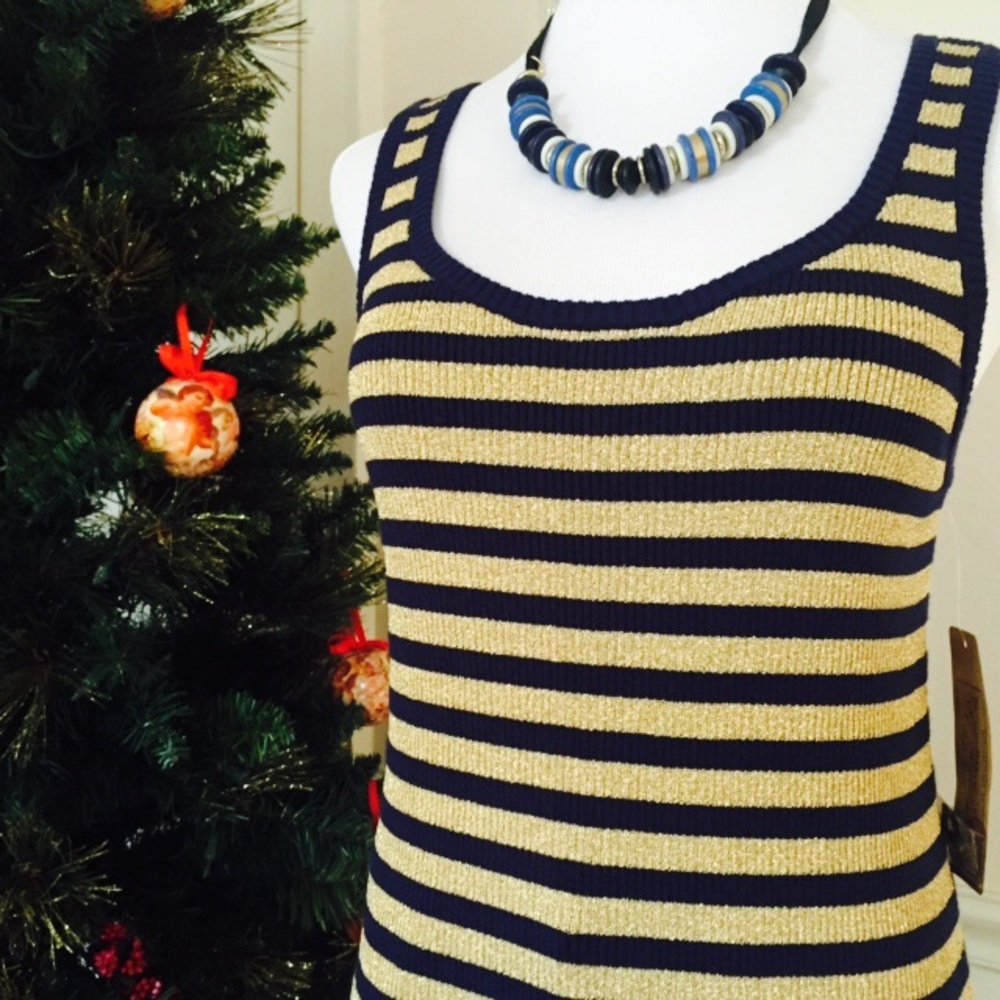 RALPH LAUREN NAVY GOLD METALLIC STRIPED TOP