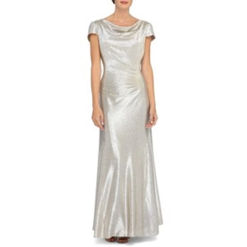 TAHARI Metallic Burnout Cowlneck Gown