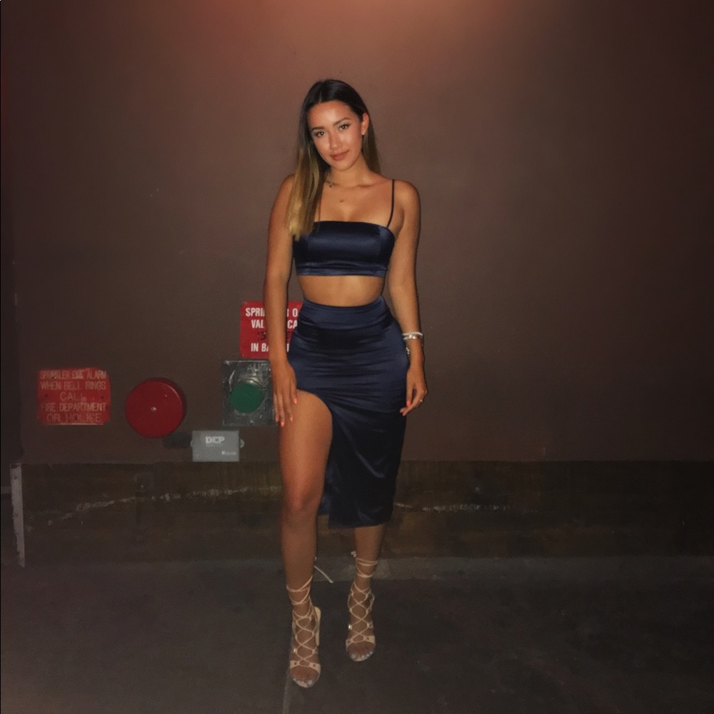 THIGHS THE LIMIT SPLIT SATIN TWO PIECE IN NAVY