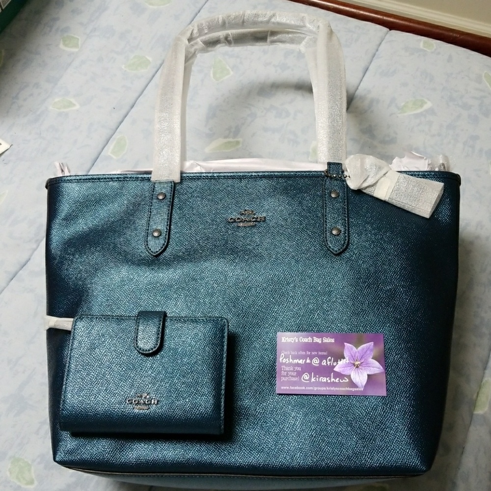 NWT Coach metallic Dark Teal tote