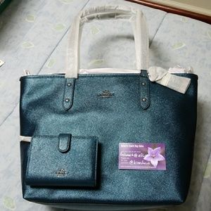 NWT Coach metallic Dark Teal tote
