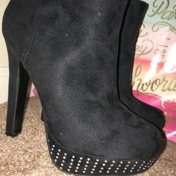 Rhinestoned Platform Black Booties - Picture 1 of 6