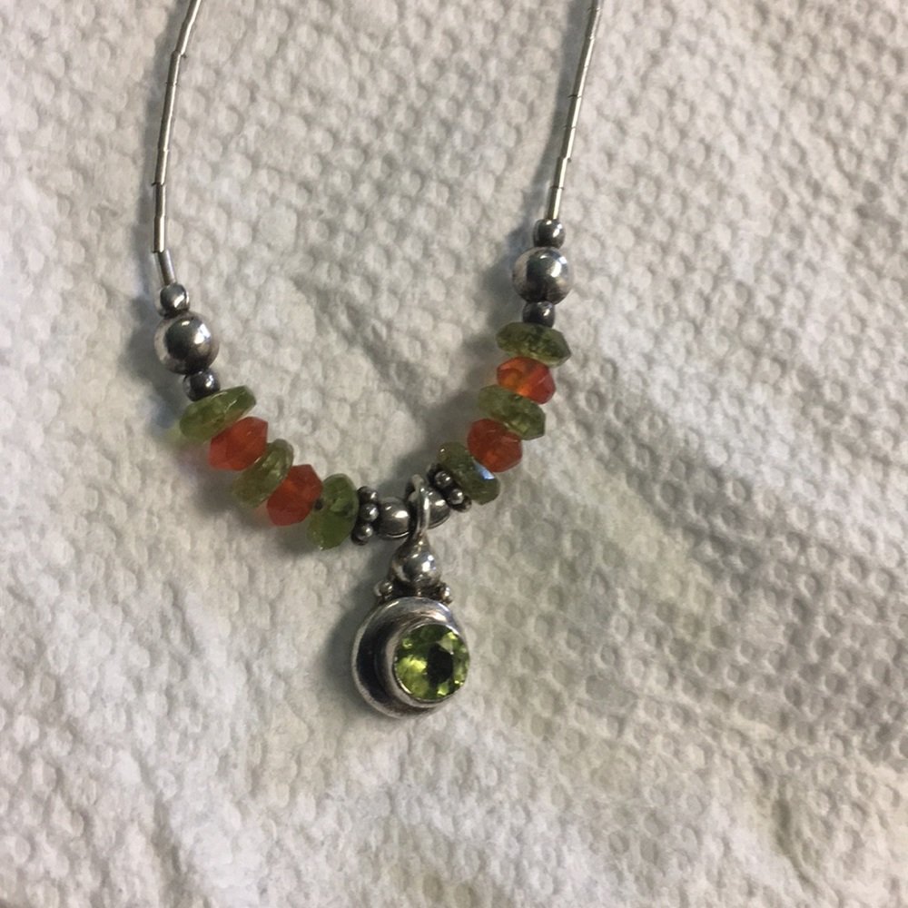 Silver 925 necklace with green stone and orange:)