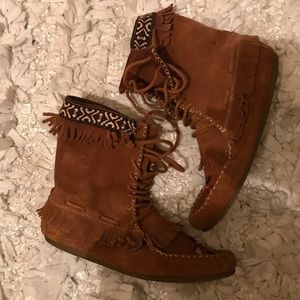 Tan mid-calf lace up moccasins