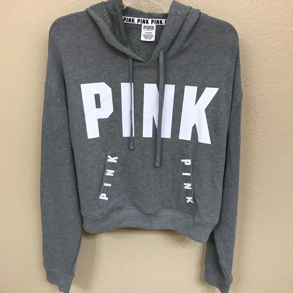 VS PINK LG Gray Cropped Pull-Over Hoodie Sweater - Picture 1 of 5
