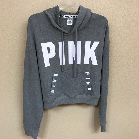 VS PINK LG Gray Cropped Pull-Over Hoodie Sweater - Picture 2 of 5