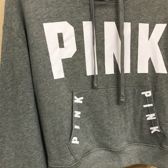 VS PINK LG Gray Cropped Pull-Over Hoodie Sweater - Picture 3 of 5