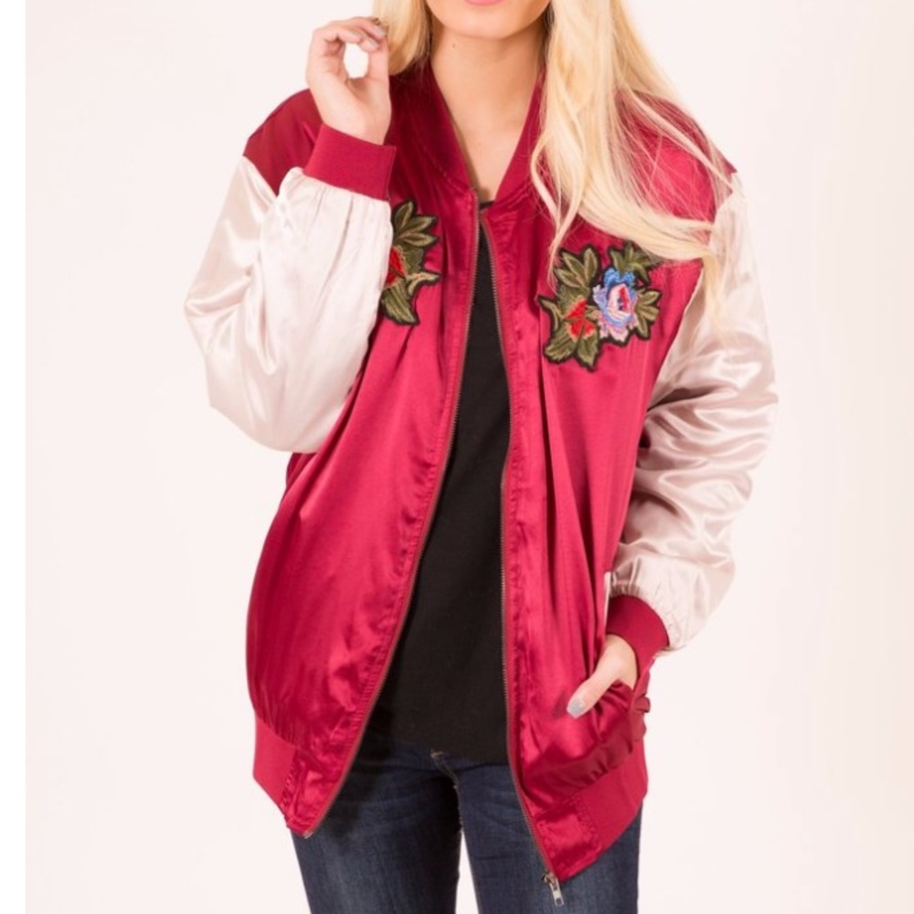 Embroidered Faux Silk Bomber Jacket