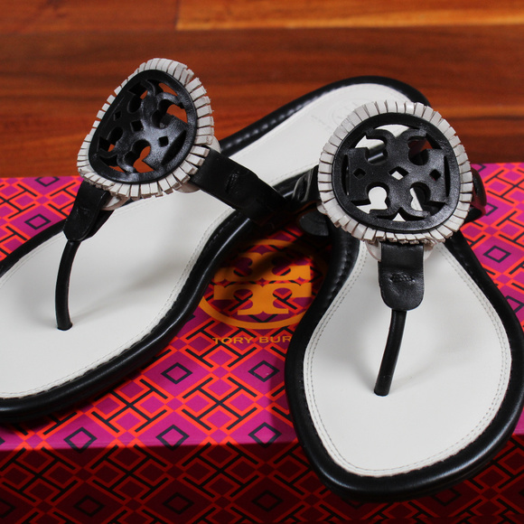 Tory Burch Miller Leather Fringe Logo Sandal Black - Picture 3 of 8