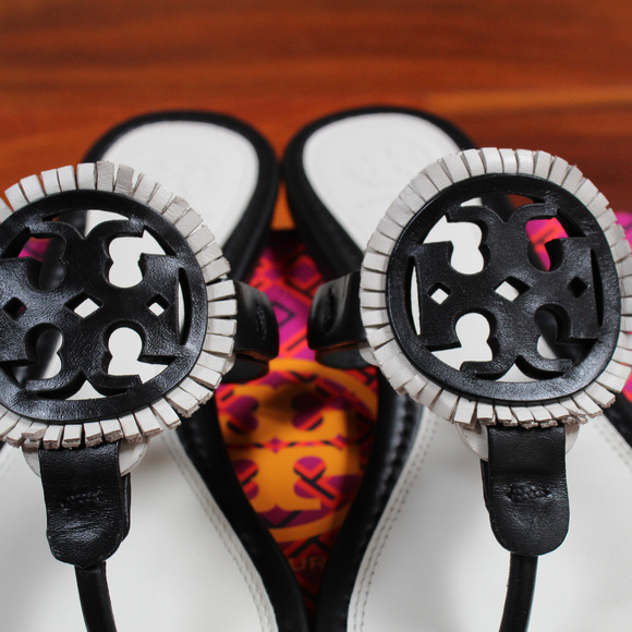 Tory Burch Miller Leather Fringe Logo Sandal Black - Picture 2 of 8