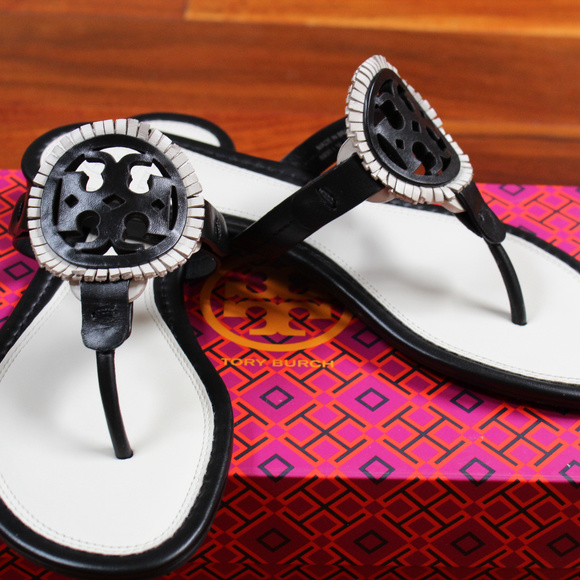 Tory Burch Miller Leather Fringe Logo Sandal Black - Picture 4 of 8