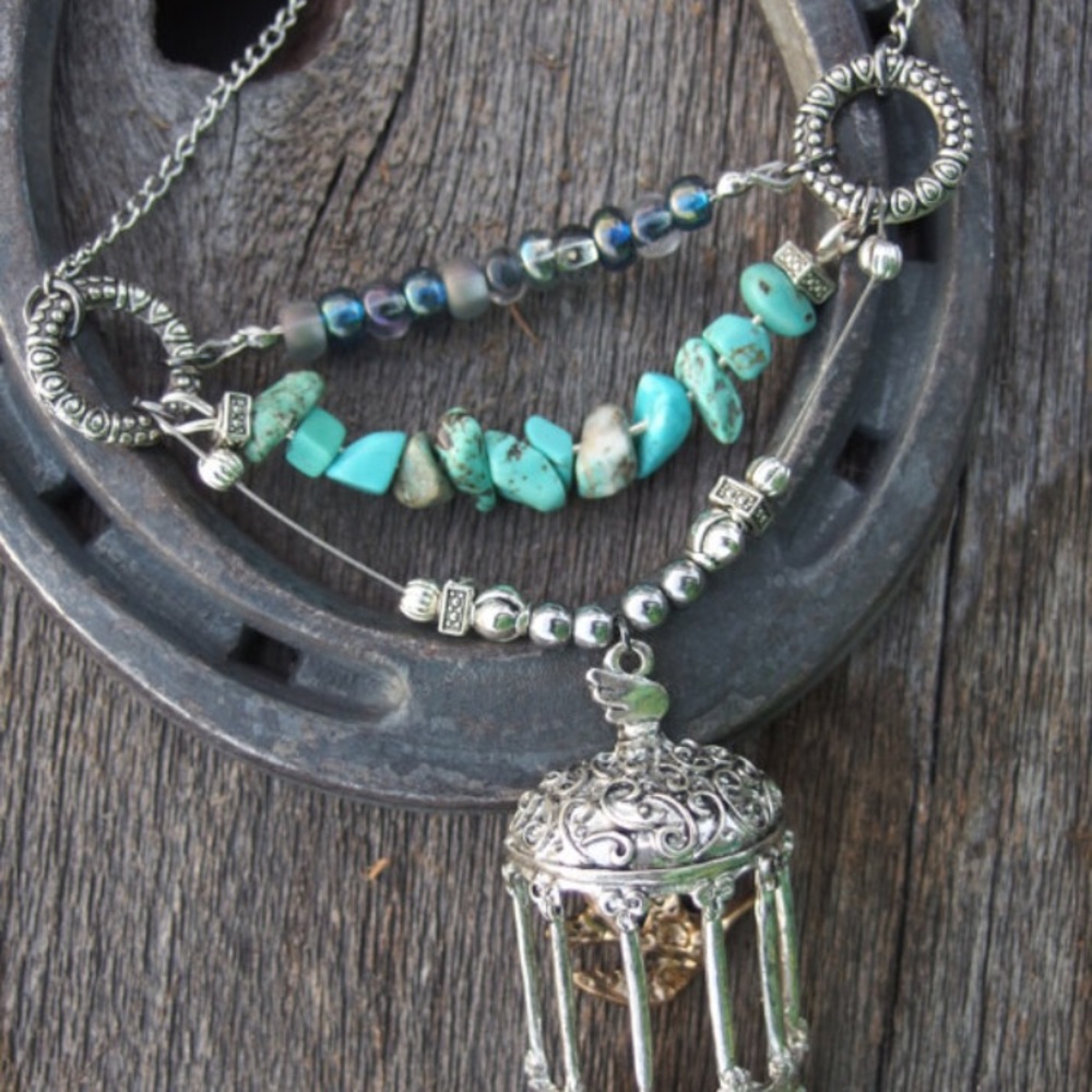 Handmade Bird Cage & Turquoise Statement Necklace - Picture 2 of 6