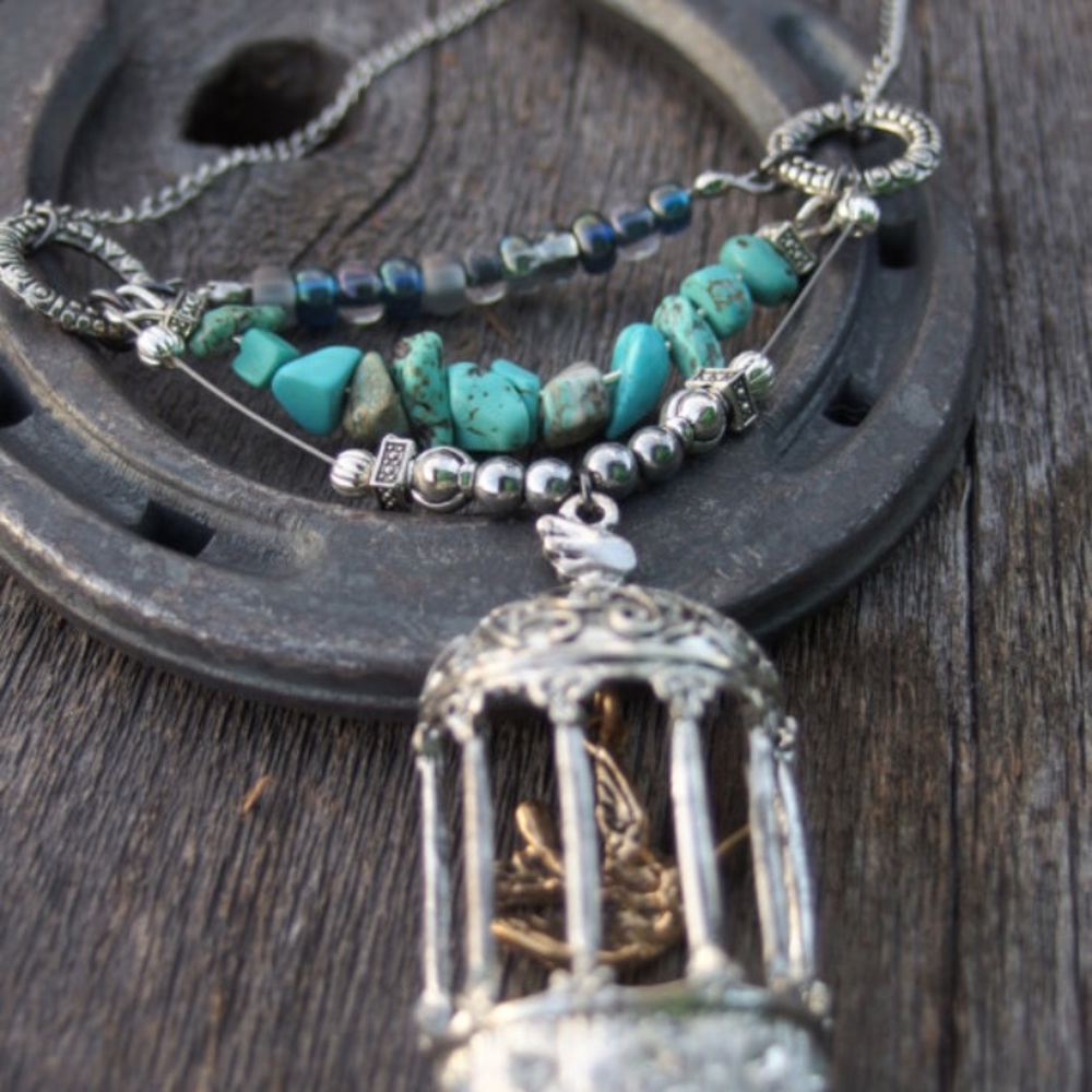 Handmade Bird Cage & Turquoise Statement Necklace - Picture 4 of 6