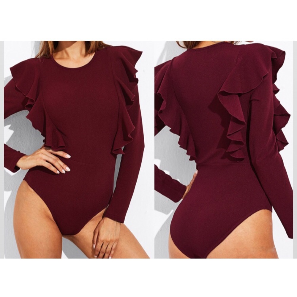 Merlot Scoop Neck ruffle bodysuit - Picture 1 of 6