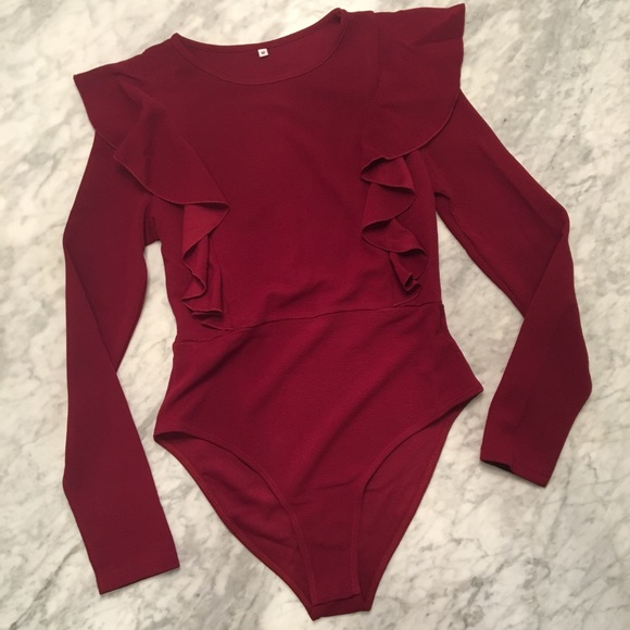 Merlot Scoop Neck ruffle bodysuit - Picture 2 of 6