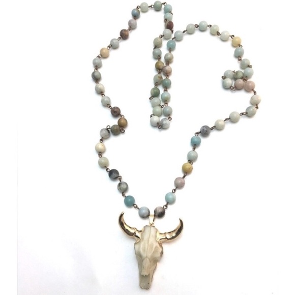Amazonite Bull Skull long necklace Boho - Picture 2 of 7