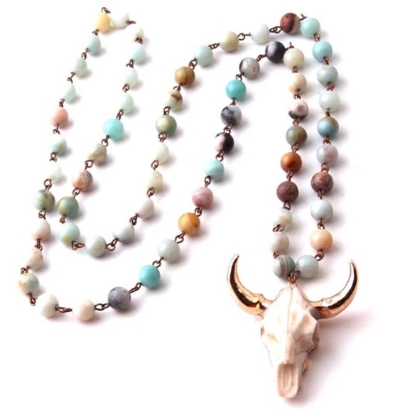 Amazonite Bull Skull long necklace Boho - Picture 3 of 7