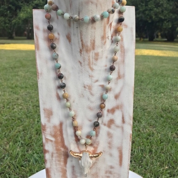 Amazonite Bull Skull long necklace Boho - Picture 4 of 7