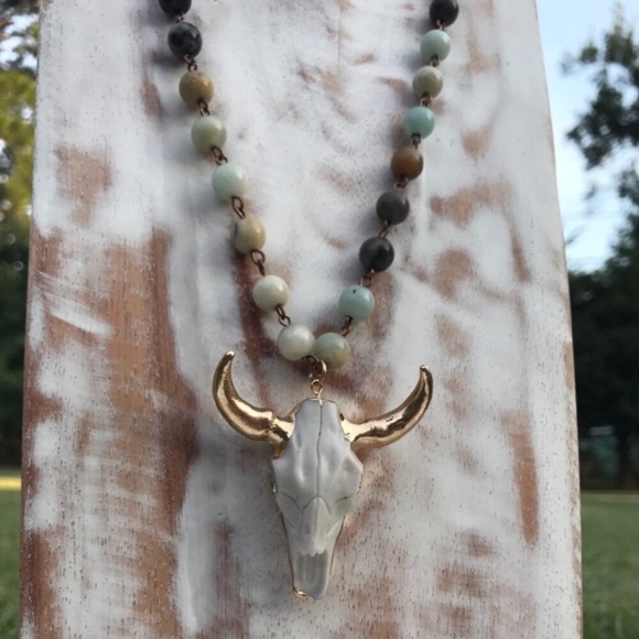 Amazonite Bull Skull long necklace Boho - Picture 5 of 7