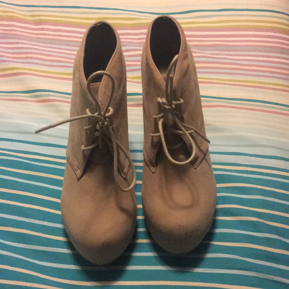 Tan lace up wedge booties