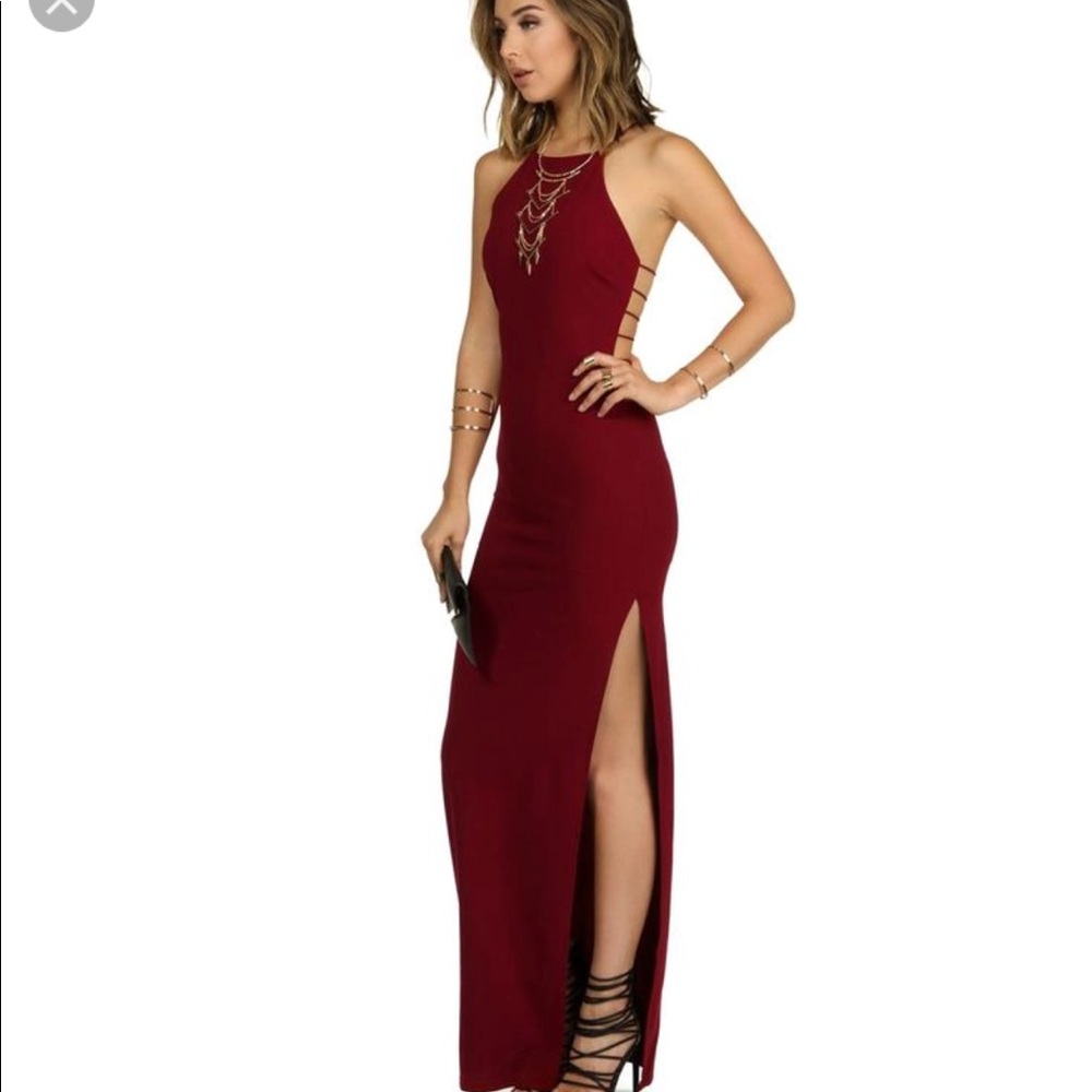 Long burgundy high neck slit dress