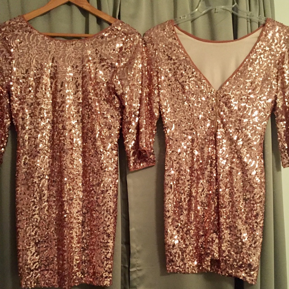 Quarter length sleeved rose gold sequin dresses