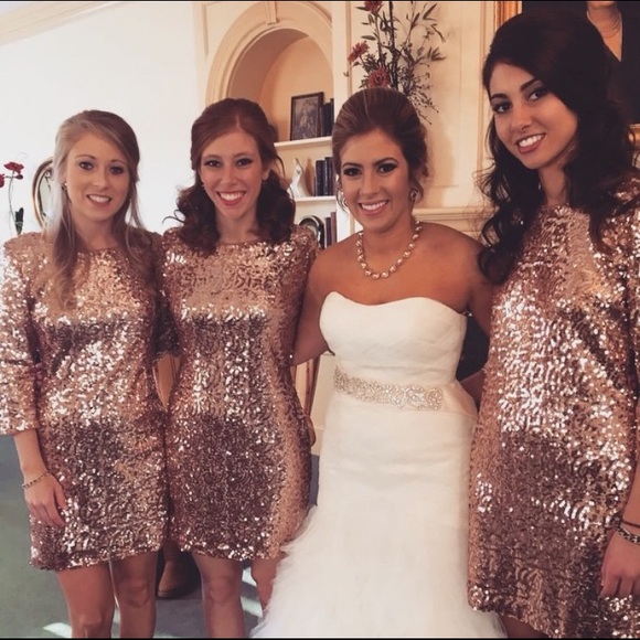 Quarter length sleeved rose gold sequin dresses - Picture 2 of 2
