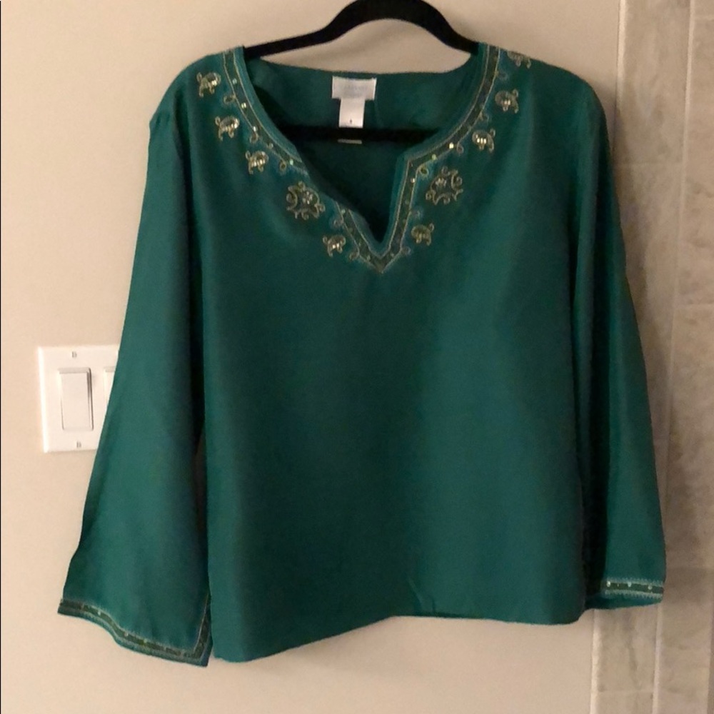 Regal and exotic 100% silk emerald silk blouse.