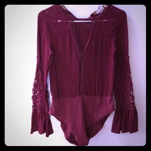 Maroon long sleeve lace sexy shirt