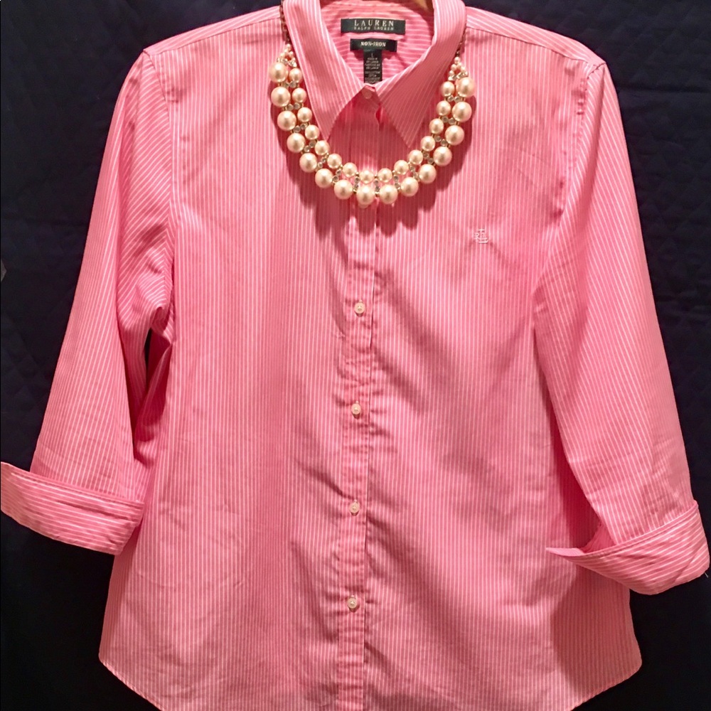 Ralph Lauren pink striped blouse with 3/4 sleeves