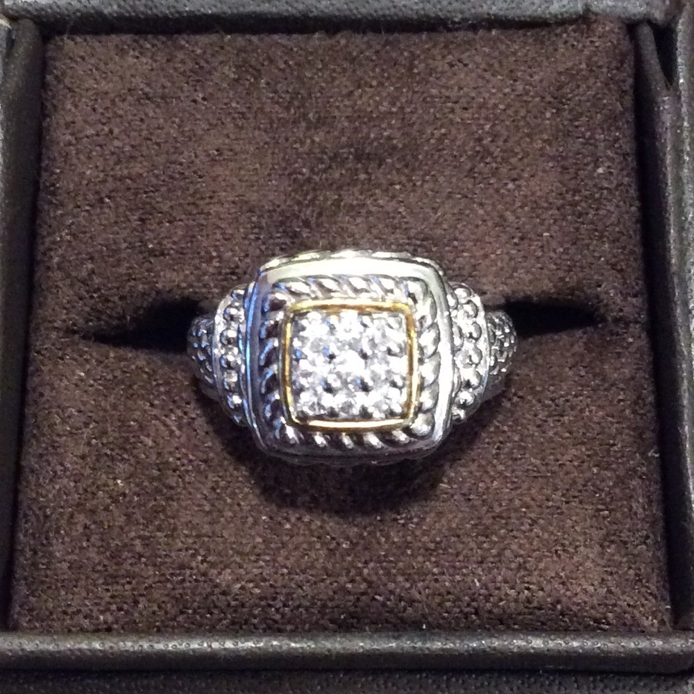18K YELLOW GOLD & STERLING SILVER PAVE RING 7