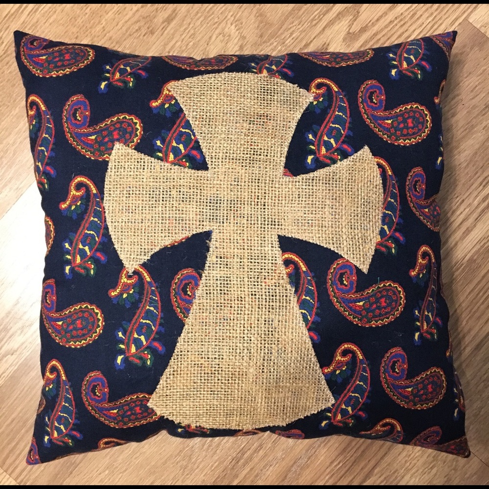 Vintage blue paisley burlap cross pillow!