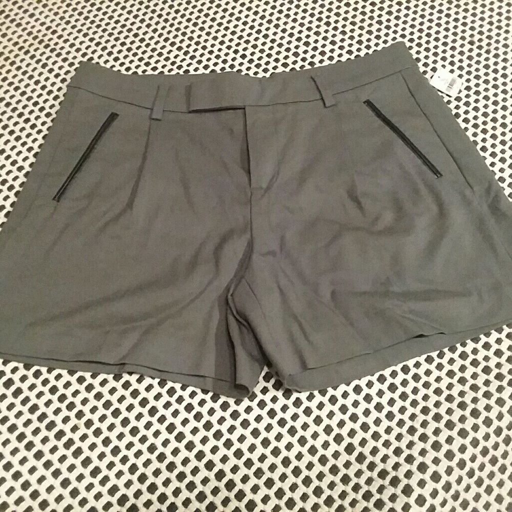 Grey Dress Shorts with Leather Accent Pocket
