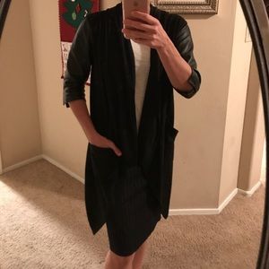 Leather sleeves cardigan sweater