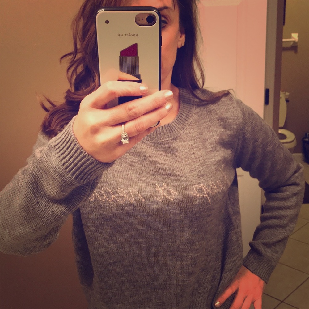NWT- grey w/ blush writing crew neck sweater